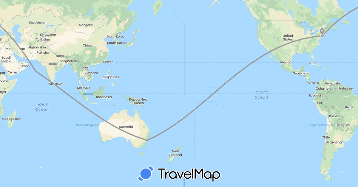 TravelMap itinerary: driving, plane in Australia, India, United States (Asia, North America, Oceania)